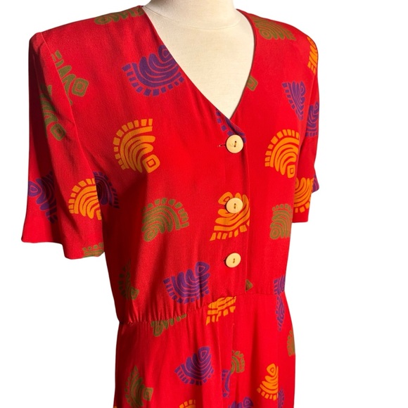 🔴5 for $40 SALE ! Bichon Red Midi 1/2 Button Up A Line Print Dress sz 6 - Picture 3 of 9